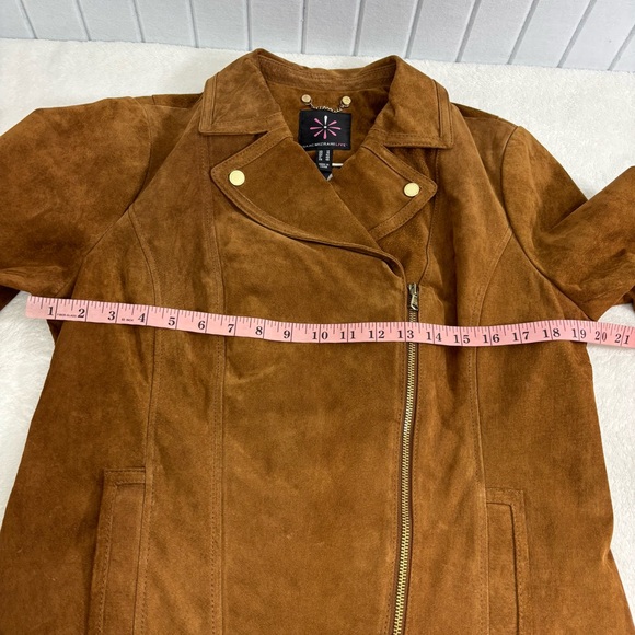 Isaac Mizrahi Leather Suede Motorcycle Moto Jacket Brown Gold Size 12 - Picture 8 of 13